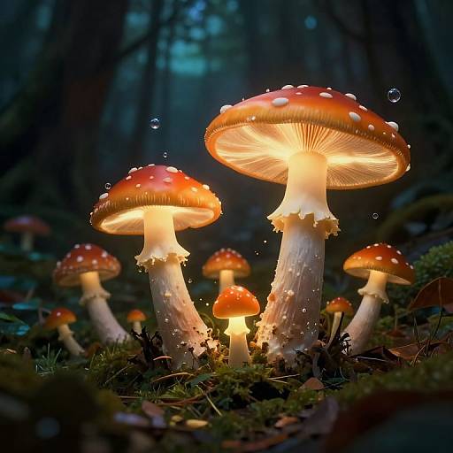 Photograph of glowing, orange-red mushrooms with white spots, illuminated in a dark, misty forest, surrounded by dew drops and moss.
