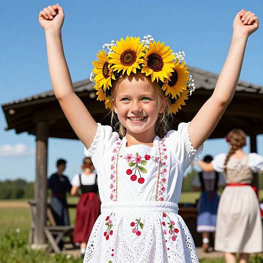 Photograph of a smiling young girl with sunflower crown, white embroidered dress, arms raised, outdoors under a wooden gazebo on a sunny day.