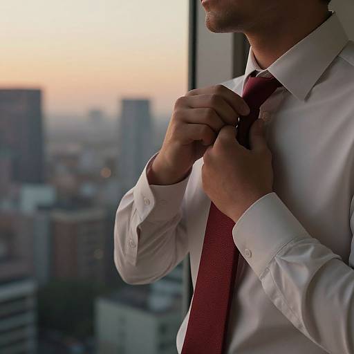 Photograph of a man in a white dress shirt, adjusting a red tie, with a cityscape blurred in the background.
