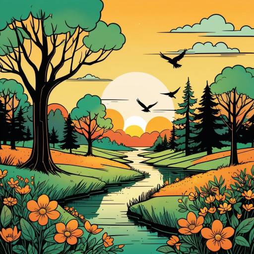 Sunset Over River in Autumn Landscape Illustration