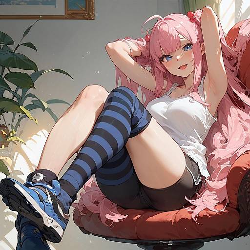 Anime Girl with Pink Hair in Casual Outfit