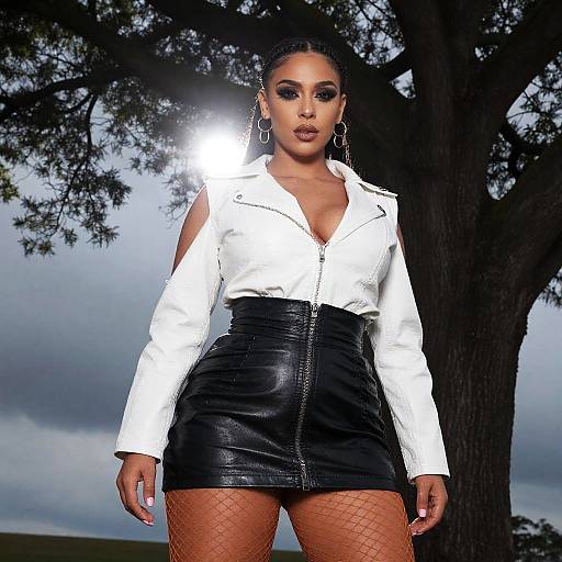 Photograph of a confident Black woman with dark skin, wearing a white blouse, black leather skirt, fishnet stockings, and hoop earrings, standing outdoors