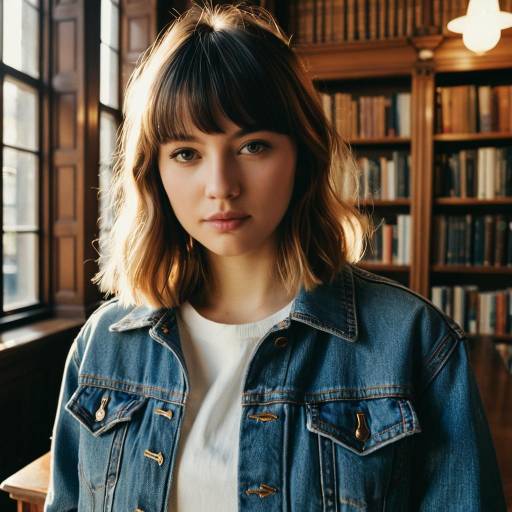 Young Woman with Side Swept Bangs in Denim Jacket