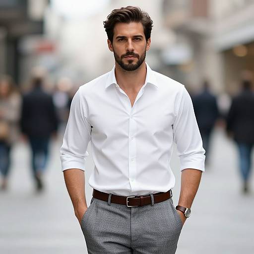 Photograph of a handsome, bearded man with dark hair, wearing a white button-up shirt and gray trousers, standing confidently in a blurred urban street