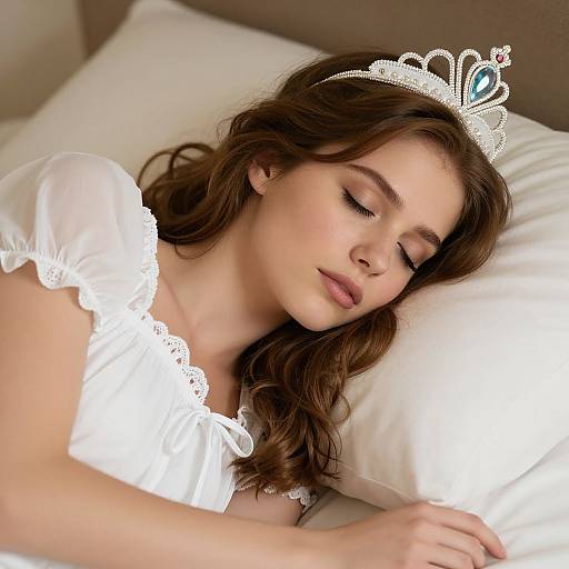 Photograph of a young woman with fair skin, brown hair, and closed eyes sleeping on a white pillow, wearing a white lace dress and a silver