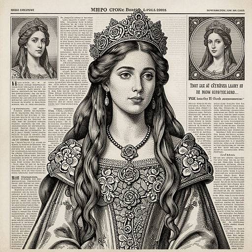 Black-and-white vintage illustration of a queen with long wavy hair, crown, and ornate dress, surrounded by text and smaller portraits.