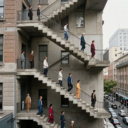 Photograph of diverse pedestrians on concrete fire escape stairs of a brick building, urban street below, colorful clothes, overcast sky.