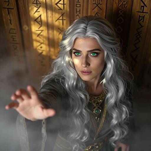 Digital art of a white-haired, green-eyed woman with long wavy hair, reaching forward with her right hand, set against a mystical, golden,