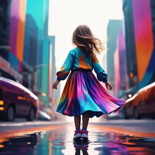 Enchanting Abstract Cityscape with Playful Child