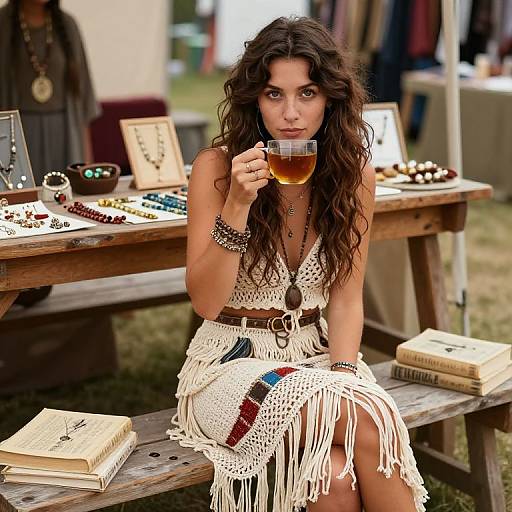 Photograph of a curly-haired woman with tanned skin, wearing a white fringe dress, sitting on a wooden bench, holding a glass of amber liquid
