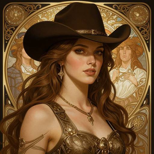 Digital art of a fair-skinned woman with long brown hair, wearing a black cowboy hat, ornate gold dress, and necklace, set against a