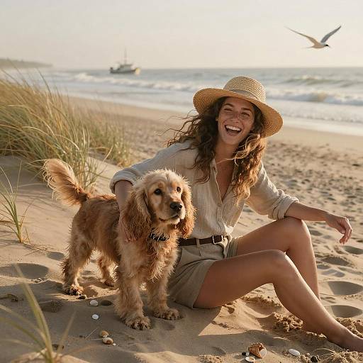 Candid Beach Moment with Dog at Sunrise