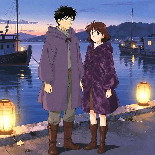 Anime-style drawing of a young couple in purple coats, standing by a dock at twilight with illuminated paper lanterns.