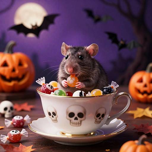 Happy Rat in Halloween Teacup with Candy
