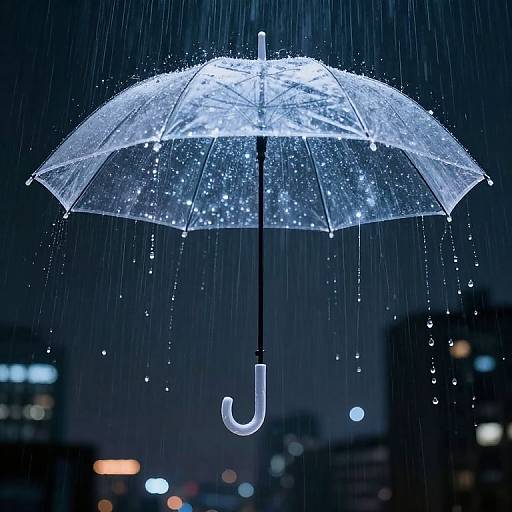 Photograph of a glowing, translucent umbrella with raindrops illuminated against a dark, rainy city night, blurred buildings in the background.