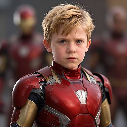 Photorealistic CGI of a young blond boy with blue eyes, wearing a red and gold Iron Man suit, standing against a blurred background of other Iron