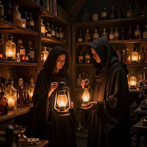 Photograph of two women in dark hooded robes holding glowing lanterns in a dimly lit, wooden-shelved apothecary, surrounded