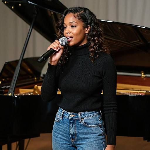 Photograph of a Black woman with wavy hair, wearing a black turtleneck and high-waisted jeans, singing into a microphone in front