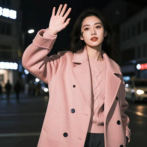 Photograph of an Asian woman with long black hair, wearing a pink coat and sweater, waving her right hand in a nighttime urban street. Background features