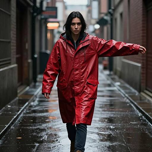 Photograph of a wet-weathered, dark-haired woman in a bright red, oversized raincoat, walking down a rainy urban alley with outst