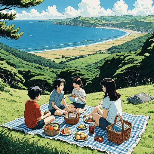 Manga Style Family Picnic with Ocean View