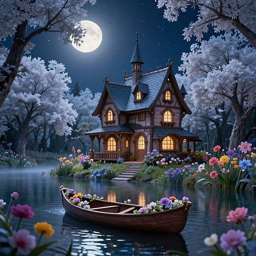Magical, moonlit cottage with glowing windows, surrounded by vibrant flowers and a wooden boat on a reflective, starry pond.