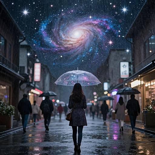 Photograph of a rainy night street with a woman in a plaid skirt holding a glowing, starry umbrella, surrounded by city lights and pedestrians,
