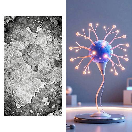 Photograph split: left, abstract textured black-and-white image; right, illuminated globe sculpture with glowing light bulb branches on a blue base.