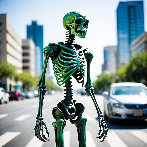 Green Alien Standing on City Crosswalk