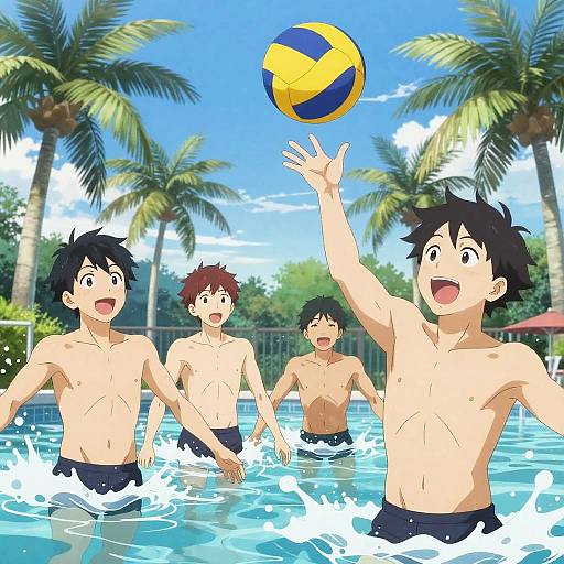 Energetic Teenagers Playing Water Volleyball