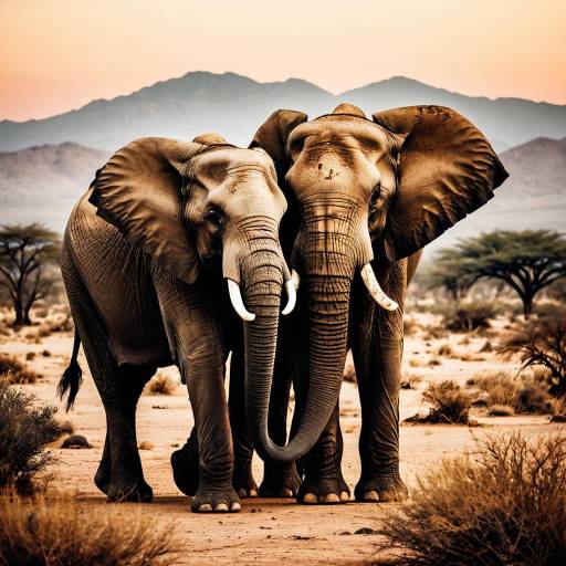 Two Elephants in African Desert at Dusk