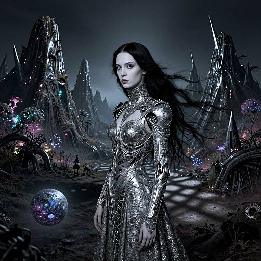 Digital artwork: Pale, long-haired woman in shimmering, armored dress stands in dark, futuristic landscape with glowing mountains and colorful orbs.