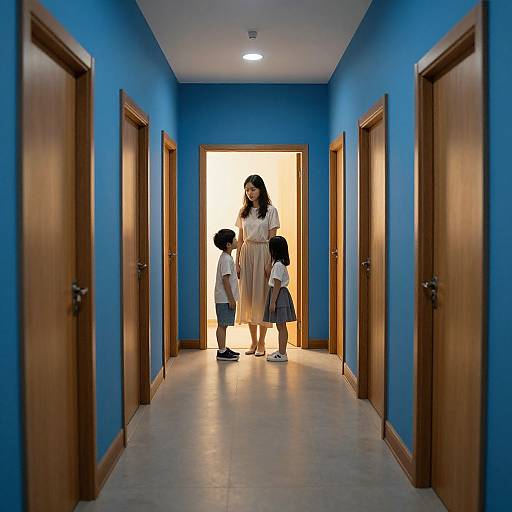 Photograph of an Asian woman in a white dress, standing in a blue hallway with three children, illuminated by a door light at the end.