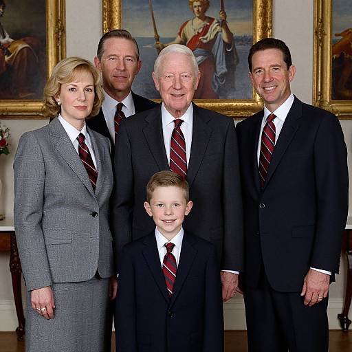 Photograph of a family: blonde woman in grey suit, four men in black suits with red-striped ties, and a young boy, standing in front