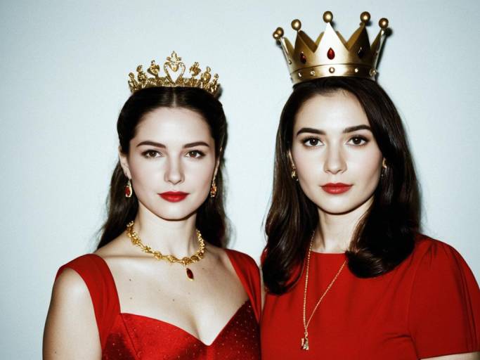 Two Women in Red Dresses with Gold Crowns