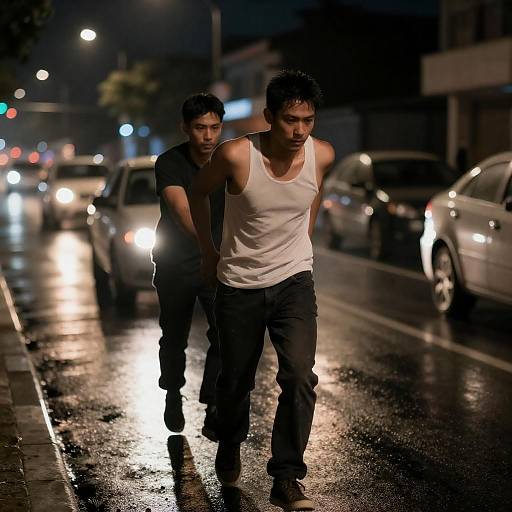 Nighttime Push on Rainy Street