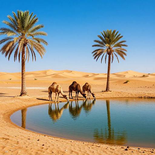 Photograph of three camels drinking from a circular oasis in a vibrant, sunlit desert with two palm trees and golden sand dunes under a clear