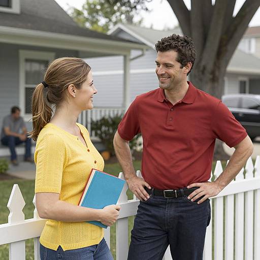 Neighbors Chatting by White Picket Fence