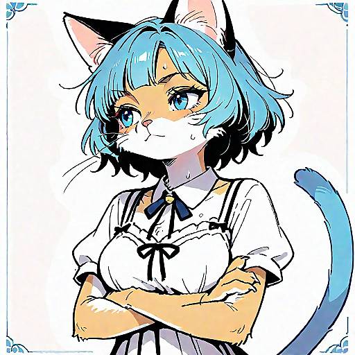 Anime-style digital drawing of a blue-haired, cat-eared girl with crossed arms, wearing a white shirt with black bow, and blue tail. She