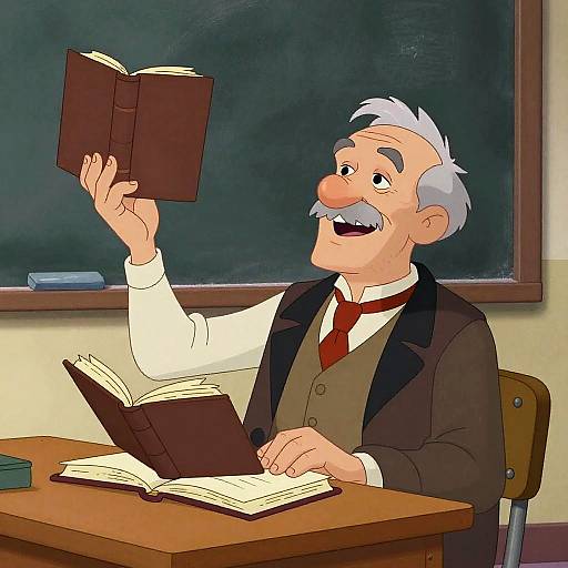 Cartoon-style illustration of an elderly man with white hair and a mustache, wearing a black jacket, white shirt, and red tie, joyfully