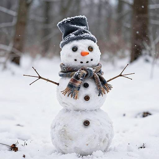 Photograph of a winter snowman with a black top hat, plaid scarf, carrot nose, coal eyes, and twig arms, standing in a
