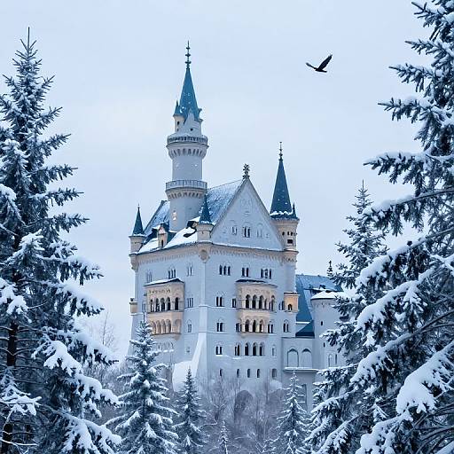 Photograph of a snow-covered, white, fairy-tale castle with multiple spires, surrounded by snow-laden evergreen trees, and a bird