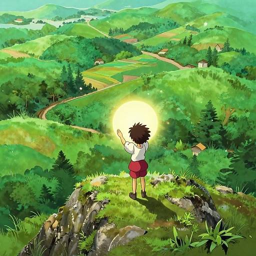 Anime-style digital drawing of a girl with curly hair, white shirt, red skirt, standing on a rocky hill, raising her hand towards a bright sun