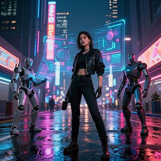Cyberpunk night scene: Dark-haired woman in black leather jacket, pants, and gloves stands confidently in rain-soaked street, flanked by neon