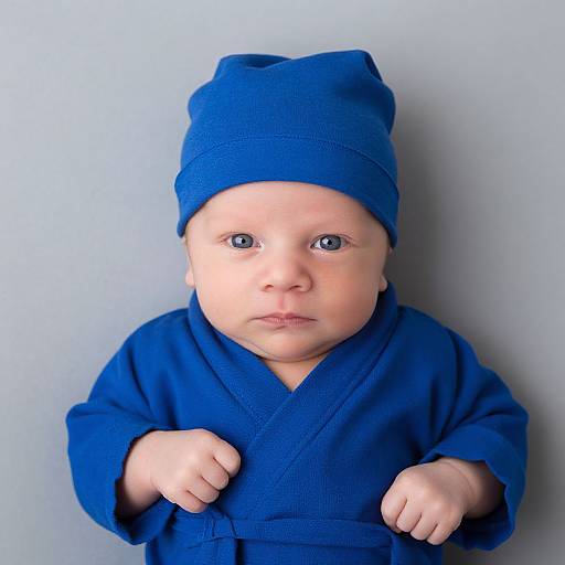Photograph of a baby with fair skin and blue eyes, wearing a blue beanie and matching robe, against a plain gray background. Baby looks directly