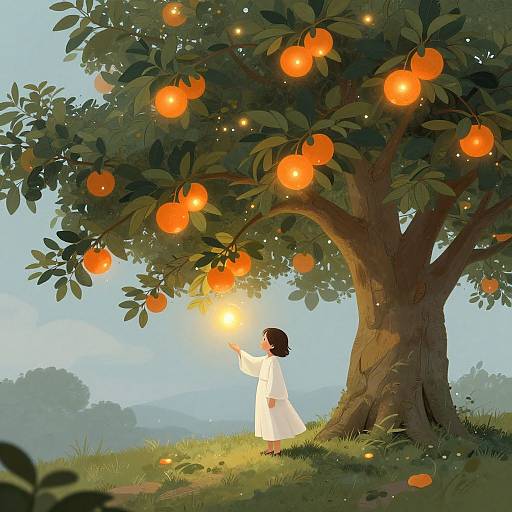 Digital illustration of a girl in a white dress, reaching for glowing oranges on a sunlit tree, surrounded by enchanted forest.