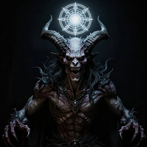Digital art of a demonic figure with glowing white horns, sharp teeth, and a dark, muscular body, against a black background. A magical circle h