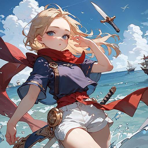 Anime-style digital illustration of a blonde, blue-eyed young woman with a red scarf, holding a knife, standing by a vibrant blue ocean. She wears