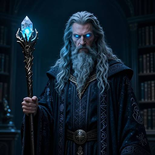 Digital artwork of a grey-bearded wizard with glowing blue eyes, holding a crystal-tipped staff, wearing a detailed black robe, in a dimly