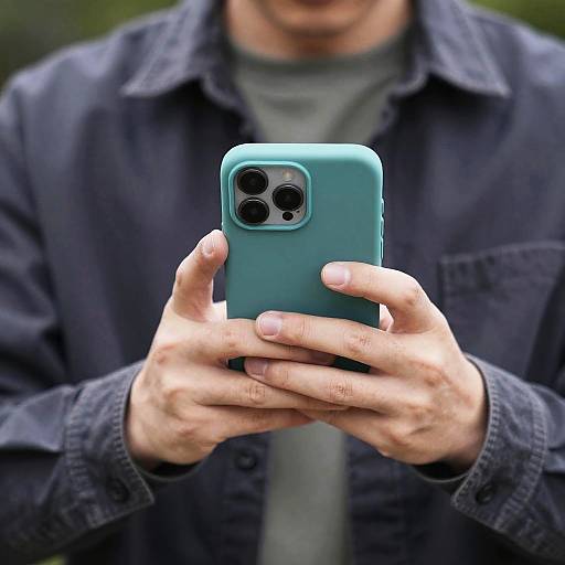 Casual Person Using Teal Smartphone Outdoors